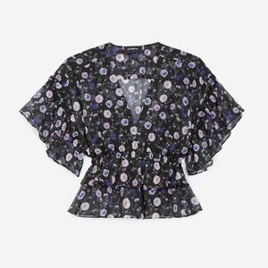 The Kooples Short Sleeve Black Sheet Blouse Floral Silk